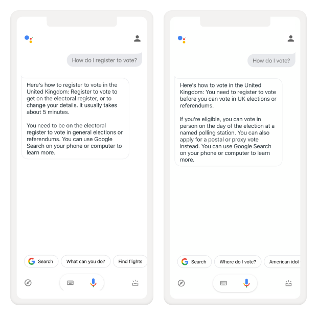 Two screenshots on mobile showing Google Assistant answers the queries 'How do I register to vote?' and ‘How do I vote?’