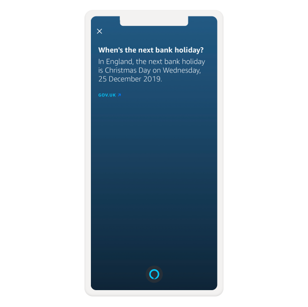 A screenshot on mobile showing Amazon Alexa's answer to the query ‘When’s the next bank holiday’.