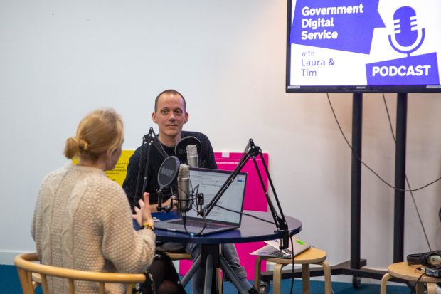 Tim Paul and Laura Stevens record a segment for the Government Digital Service podcast on the GOV.UK Design System.