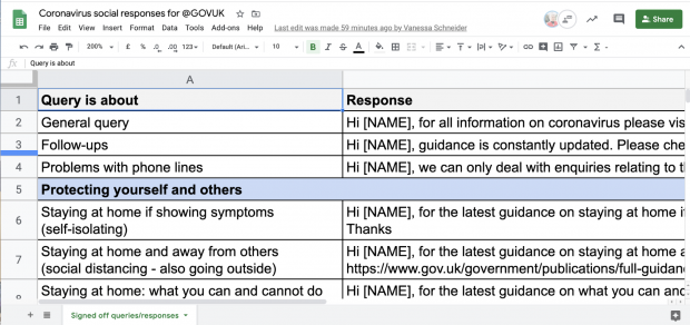 A spreadsheet containing topics, suggested question themes, and appropriate answers.