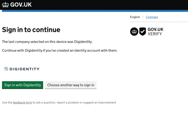 The sign-in page for GOV.UK Verify. It suggests the device last used Digidentity to sign in, and suggests using Digidentity again in preference to choosing another way to sign in.