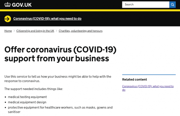 A screenshot of the GOV.UK page where business owners can offer the government coronavirus support from their business
