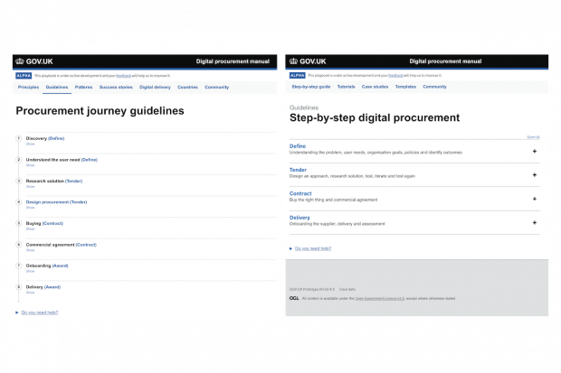 Two screenshots, showing one stage of the iteration of the Digital Buying Guide. The left screenshot shows a page titled "Procurement journey guidelines", which was alpha guidance hosted on GOV.UK. It had 8 steps. The screenshot on the right shows guidelines titled "Step-by-step digital procurement", with four headings: Define, Tender, Contract, Delivery.