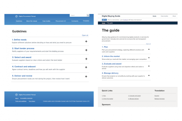 Two screenshots, showing one stage of the iteration of the Digital Buying Guide. The left screenshot shows a page titled "Guidelines", with 5 steps. The screenshot on the right shows a page titled "The guide", with four headings: Plan, Inform the market, Evaluate and award, Manage delivery.