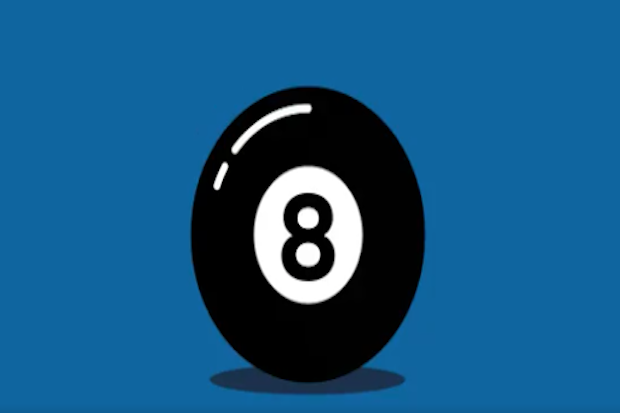 Magic 8 ball on blue background.