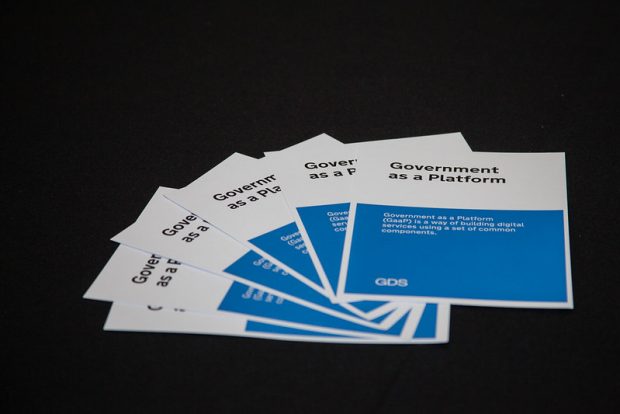 Five leaflets on a table, titled Government as a Platform. Text reads: “Government as a Platform (GaaP) is a way of building digital services using a set of common components.”