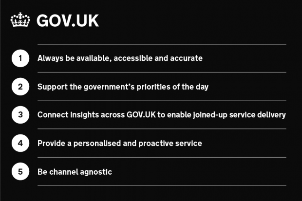 The 5 objectives for the year ahead are: 1. Always be available, accessible and accurate; 2. Support the government’s priorities of the day; 3. Connect insights across GOV.UK to enable joined-up service delivery; 4. Provide a personalised and proactive service; 5. Be channel agnostic.