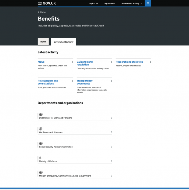 Screenshot of a topic page with a 'Government activity' tab selected - the page is divided into 'Latest activity' and 'Departments and organisations'.