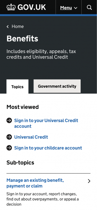 Screenshot of GOV.UK topic in mobile dimensions.