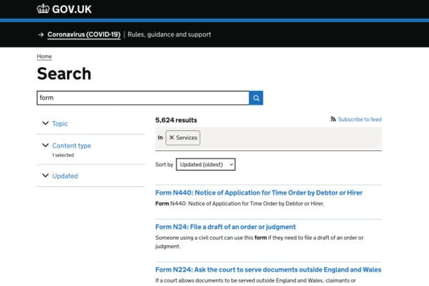 A GOV.UK search page showing 5,624 services matching the term ‘form’