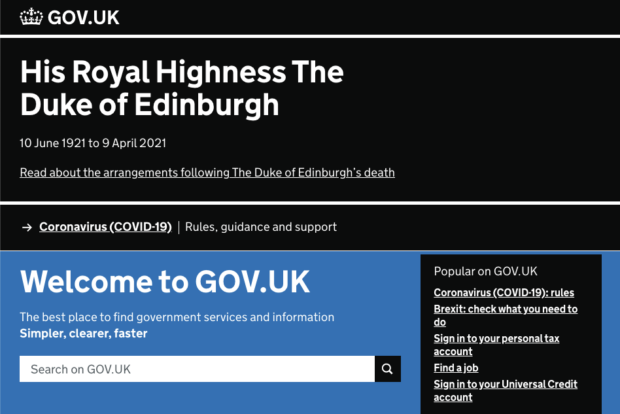 The GOV.UK page, appended with a notice about the death of The Duke of Edinburgh.