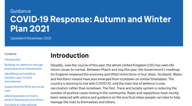 A screenshot of the guidance "COVID-19 Response: Autumn and Winter Plan 2021", which was updated on 9 November 2021.