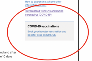 A screenshot of the GOV.UK sidebar, which includes the item on COVID-19 vaccinations, "Book your booster vaccination and booster dose on NHS.UK", which is circled in red to draw attention to it.