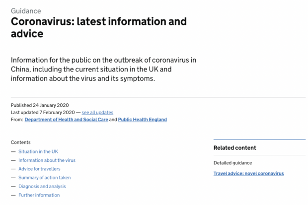 A screenshot of the "Coronavirus: latest information and advice" guidance page. It contains information for the public on the outbreak of coronavirus in China, including the current situation in the UK and information about the virus and its symptoms, and was published on 24 January 2020, and last updated on 7 February 2020 at the time of the screenshot.