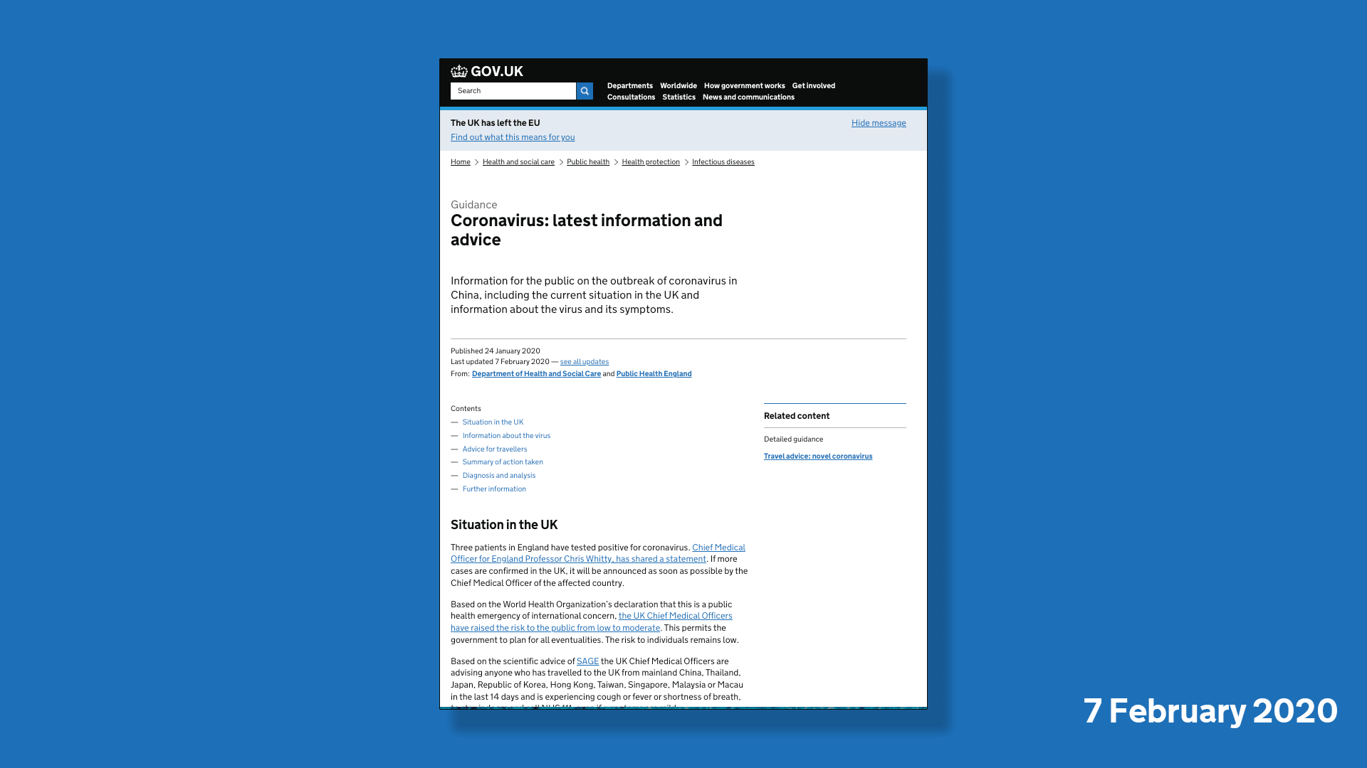 An animation that shows the changing appearance of the coronavirus landing page on GOV.UK, containing important initial messaging and links to guidance.