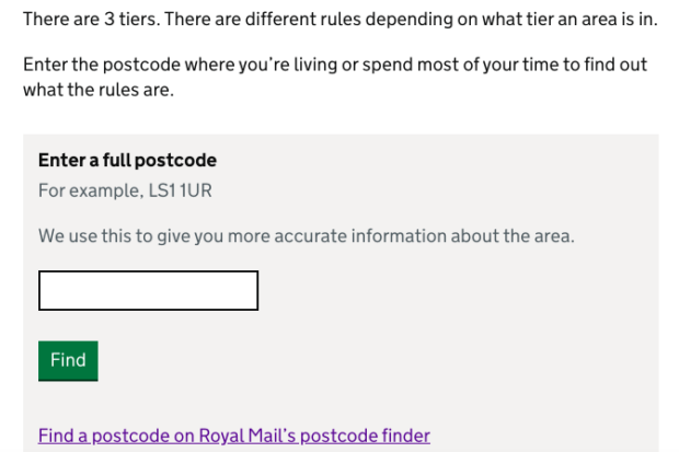 A screenshot of the local restrictions look up (postcode checker).