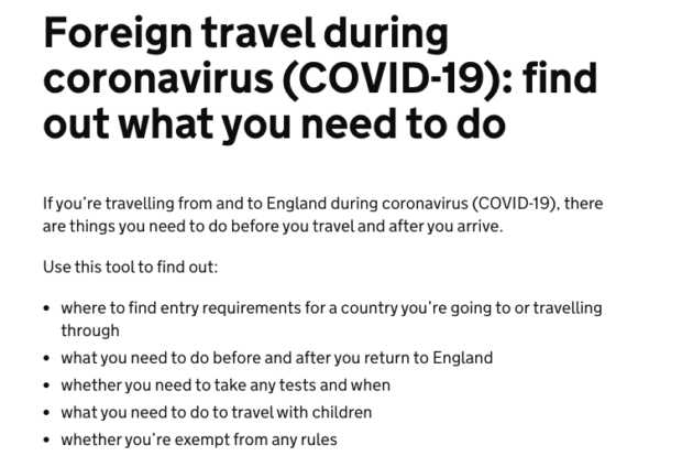 A screenshot of the "Foreign travel during coronavirus (COVID-19): find out what you need to do" guidance page. It further explains "If you're travelling from and to England during coronavirus (COVID-19), there are things you need to do before you travel and after you arrive." It also signposts to the coronavirus landing page.