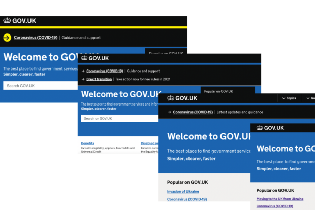 A composite of the GOV.UK homepage throughout time, including the changes the coronavirus site-wide banner went through.