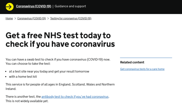 A screenshot of the "Get a free NHS test today to check if you have coronavirus" service. It explains options of tests you can take, whether at a test site or with a home test kit, and mentions that the antibody test to check if you've had coronavirus is not widely available yet.