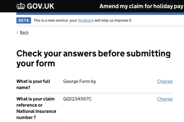 A form called "Amend my claim for holiday pay accrued" has been completed with answers for a full name and claim reference or National Insurance number supplied, which need to be checked before submitting.