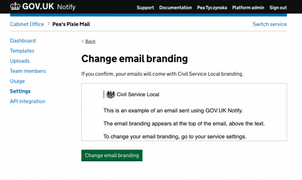A Notify service webpage with a preview of a new branding embedded into an example email, and a button allowing to set that branding.