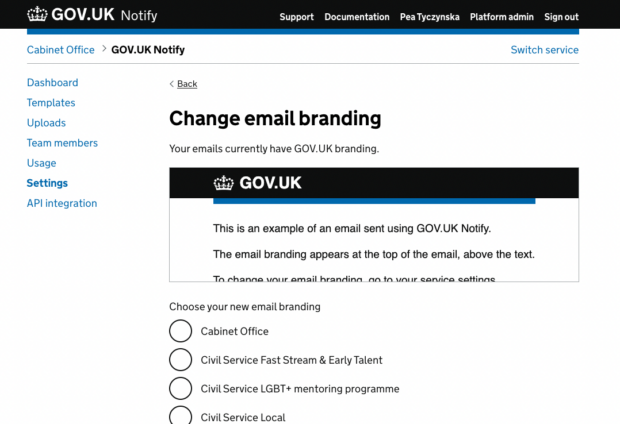 A Notify service webpage with a preview of current service branding embedded in an example email, and a choice of branding options that user can change the service branding to.