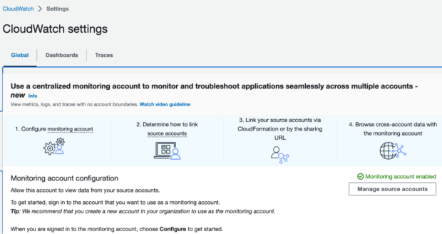 CloudWatch settings in the AWS Console showing the monitoring account is enabled.