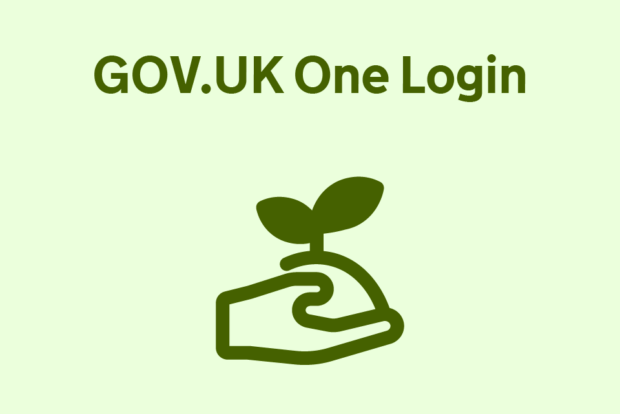‘GOV.UK One Login’ with picture of a hand holding a small plant.