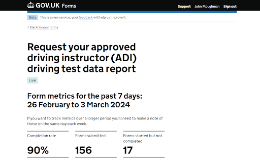 This image is a screengrab of a Request your approved driving instructor (ADI) driving test data report page, taken from GOV.UK.