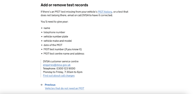 The image depicts a screengrab of a GOV.UK page describing how to add or remove MOT test records for a vehicle.