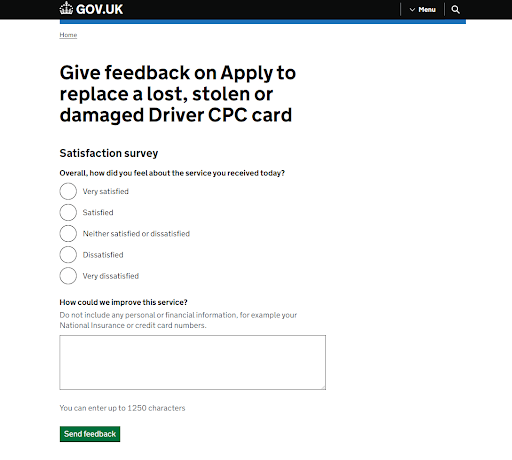 The image is a screengrab of the Give feedback on Apply to replace a lost, stolen or damaged Driver CPC card page on GOV.UK.