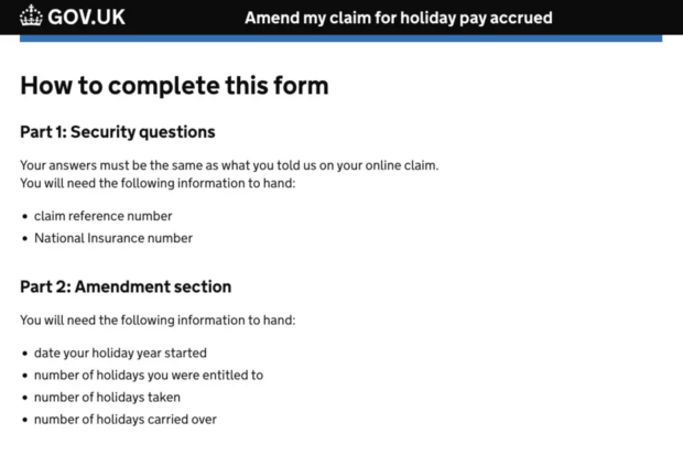 Screenshot of a page in the ‘Amend my claim for holiday pay accrued’ form, showing guidance on how to complete the form’s security questions and amendment section.