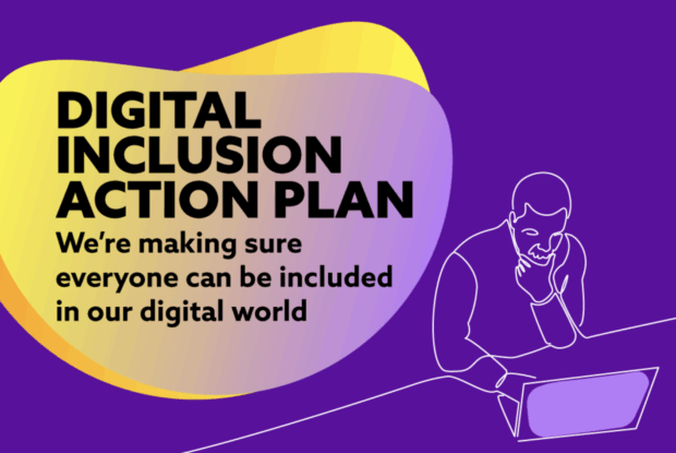 Graphic with a purple and yellow background titled “Digital Inclusion Action Plan”. Sub-text reads “We’re making sure everyone can be included in our digital world”. On the right, there is a simple line illustration of a person using a laptop.