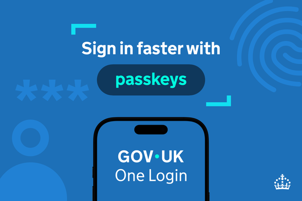 Blue graphic with text reading 'Sign in faster with passkeys'. Below the main text, a smartphone screen shows the GOV.UK One Login logo.